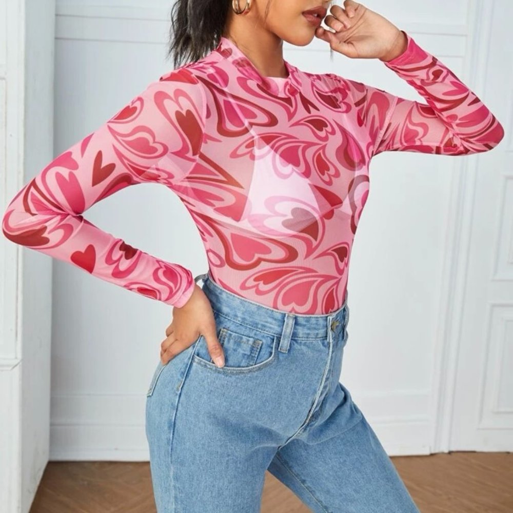 Mock Neck Sheer Heart Graphic Bodysuit